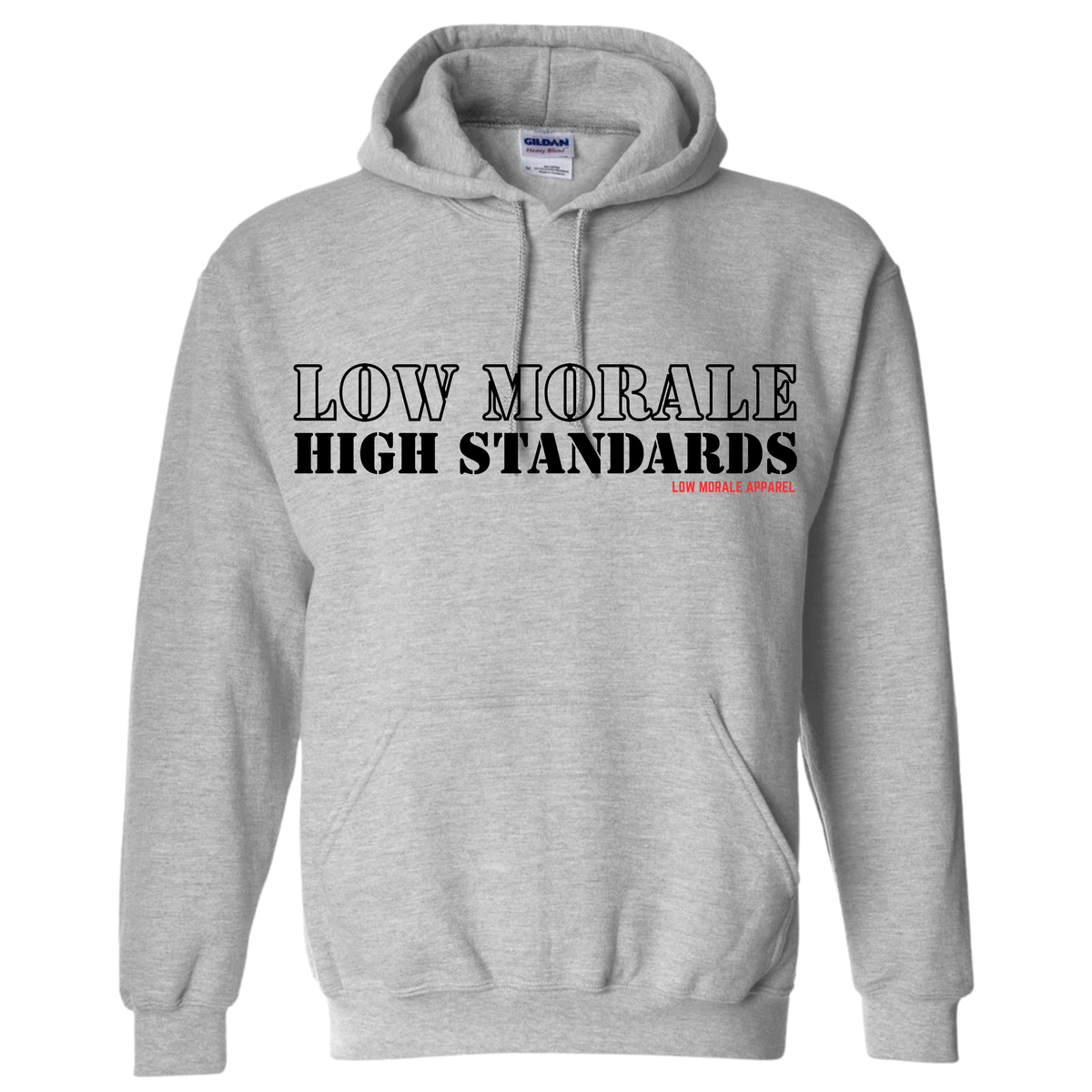 Low Morale High Standards gray hoodie mockup