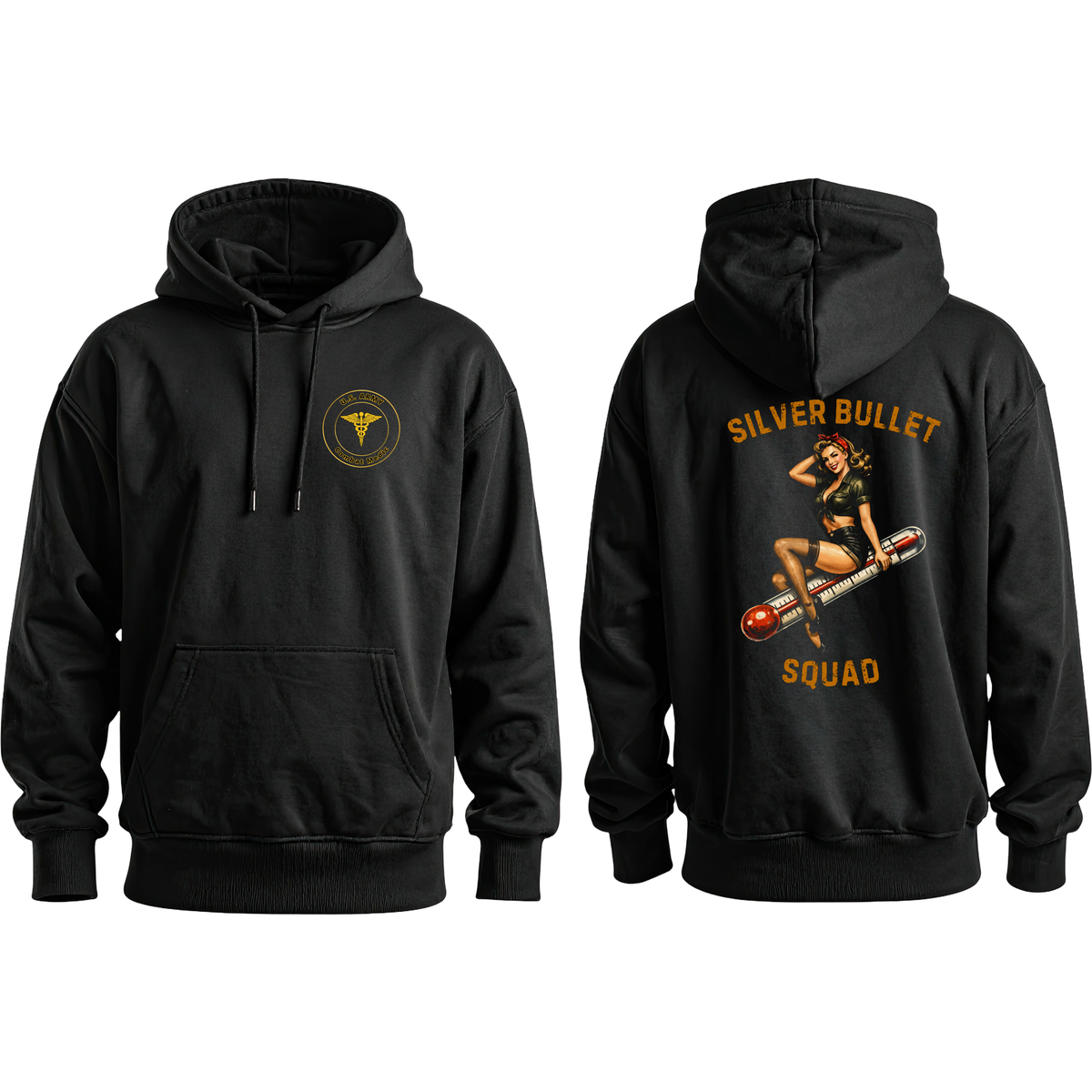 Combat Medic Silver Bullet Squad black hoodie mockup