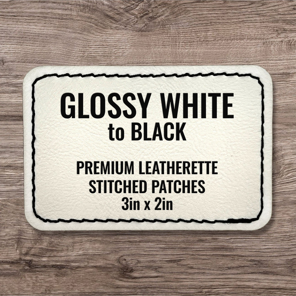 Glossy White premium leatherette stitched patch with black stitching