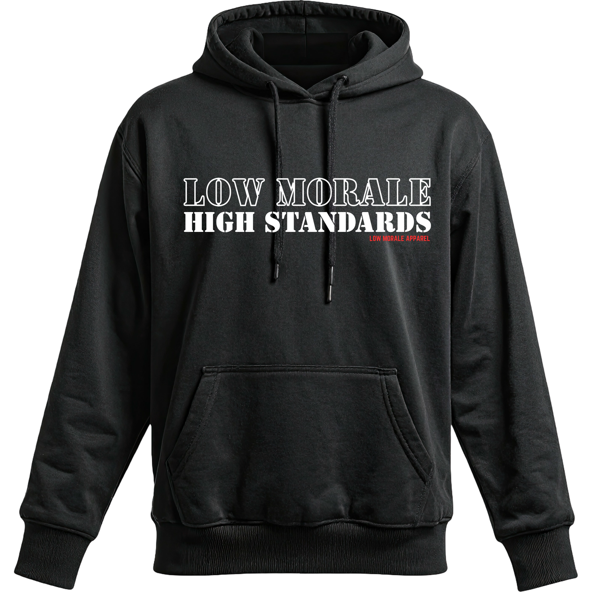 Low Morale High Standards black hoodie mockup