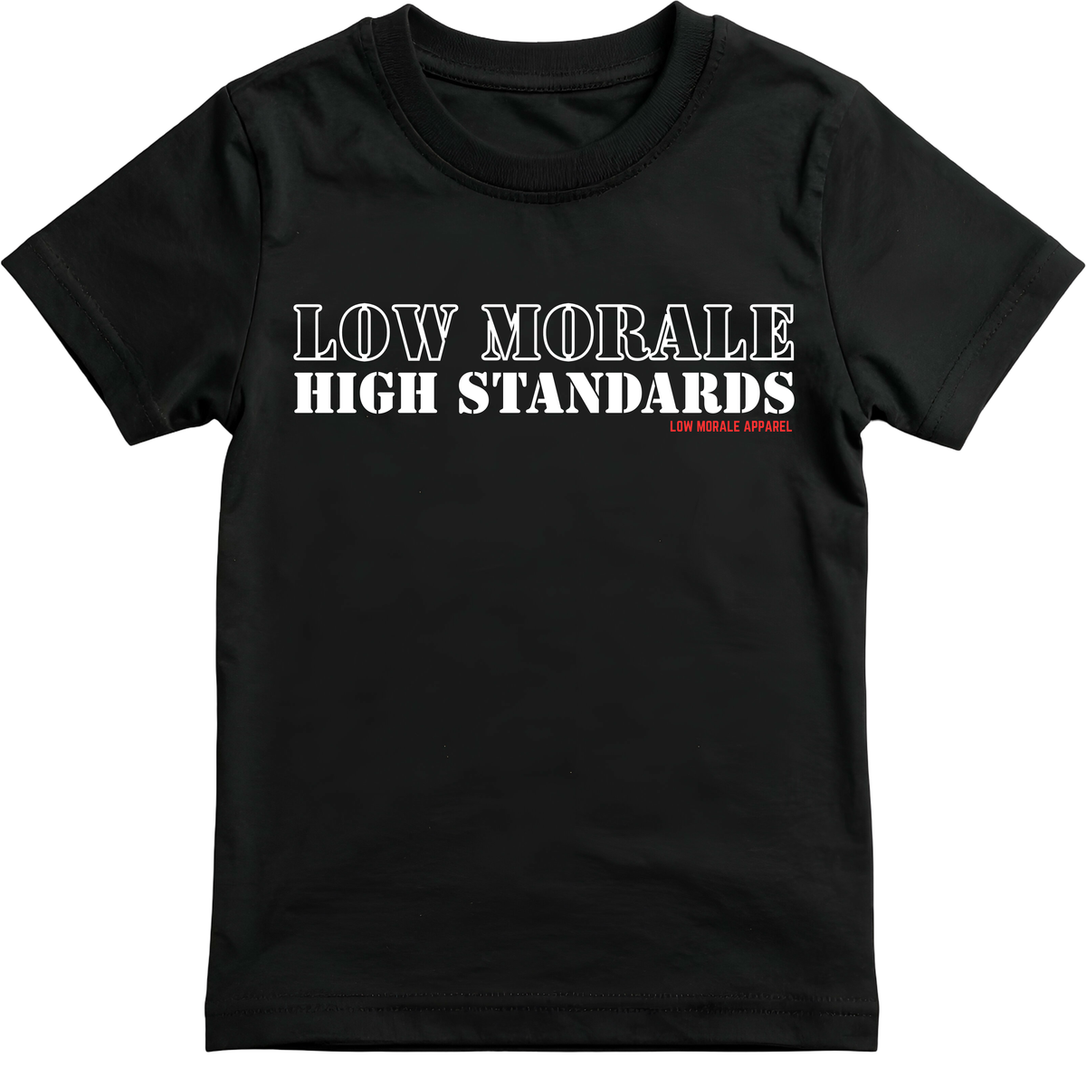 Low Morale High Standards black tee mockup