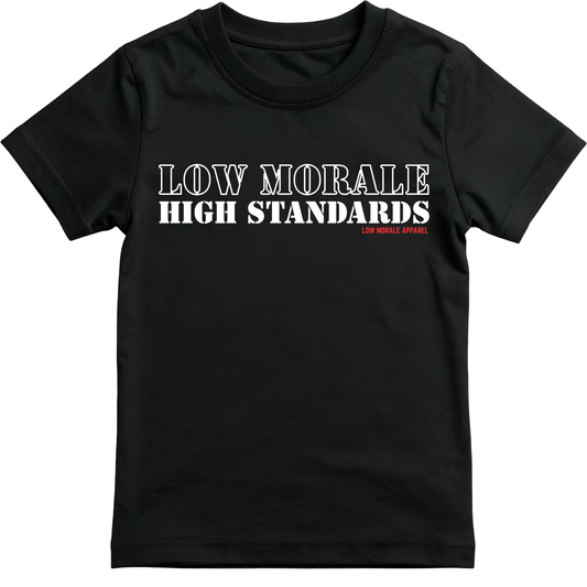 Low Morale High Standards black tee mockup