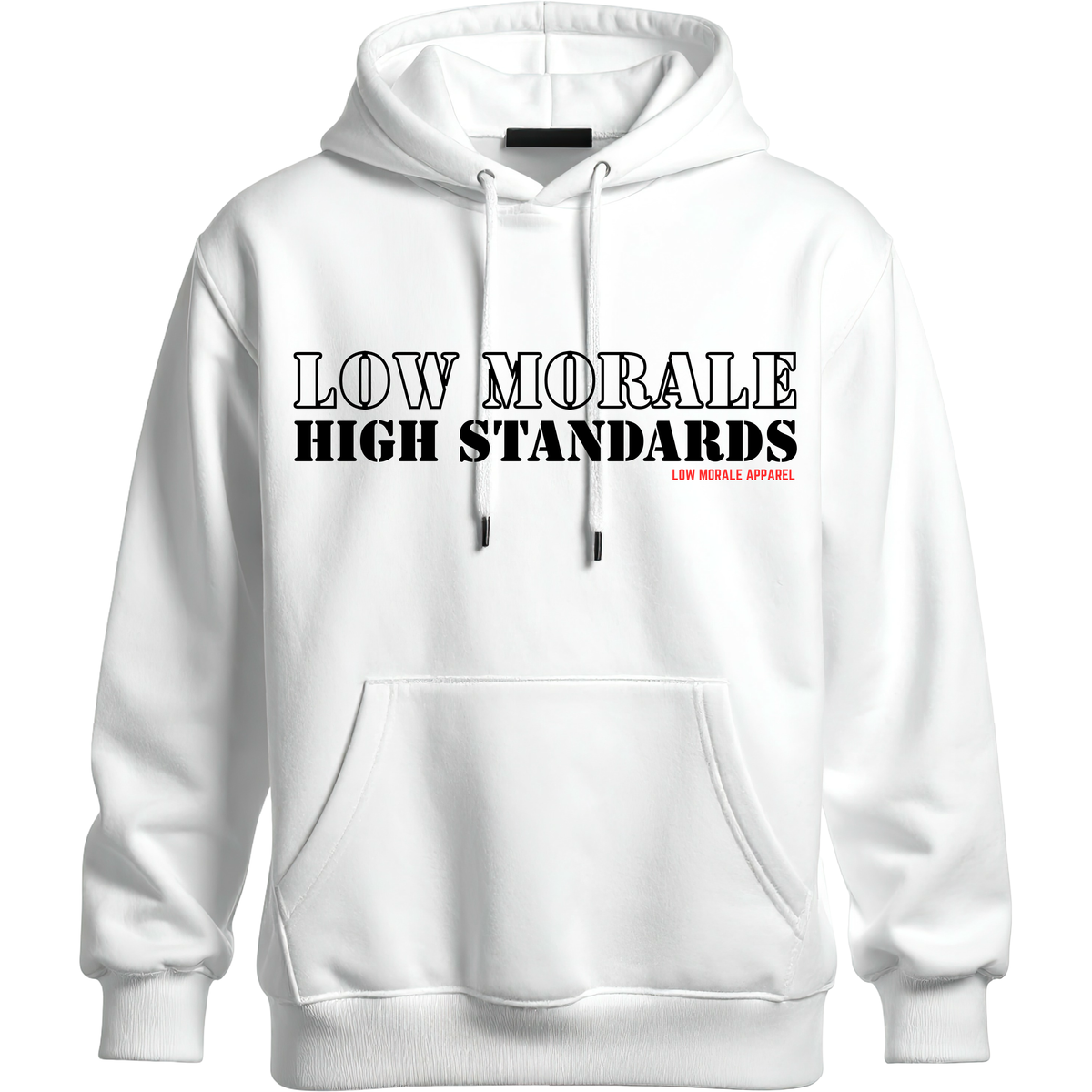 Low Morale High Standards white hoodie mockup