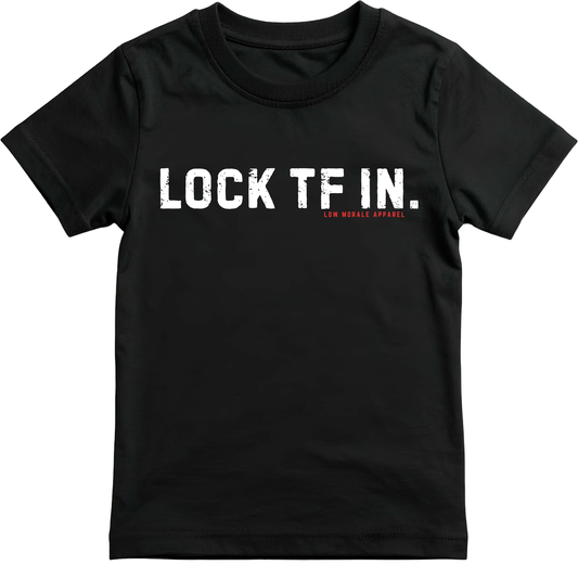 LOCK TF IN. black tee mockup