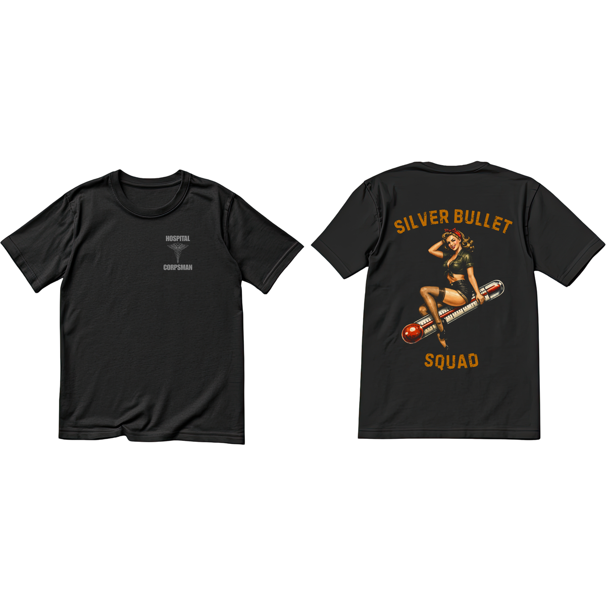 Silver Bullet Squad black tee mockup